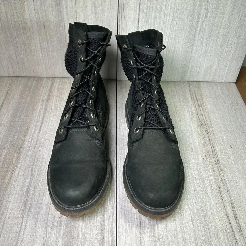 Timberland Black Suede Weave Knit Upper Ankle Boots Combat Bootie Women’s Size 9 - Picture 6 of 10